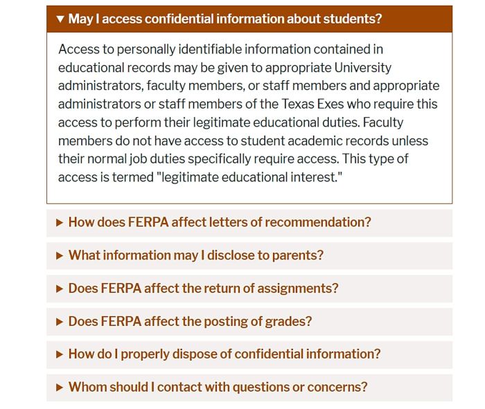 University of Texas at Austin FERPA FAQ explaining faculty access to confidential student records based on job duties.