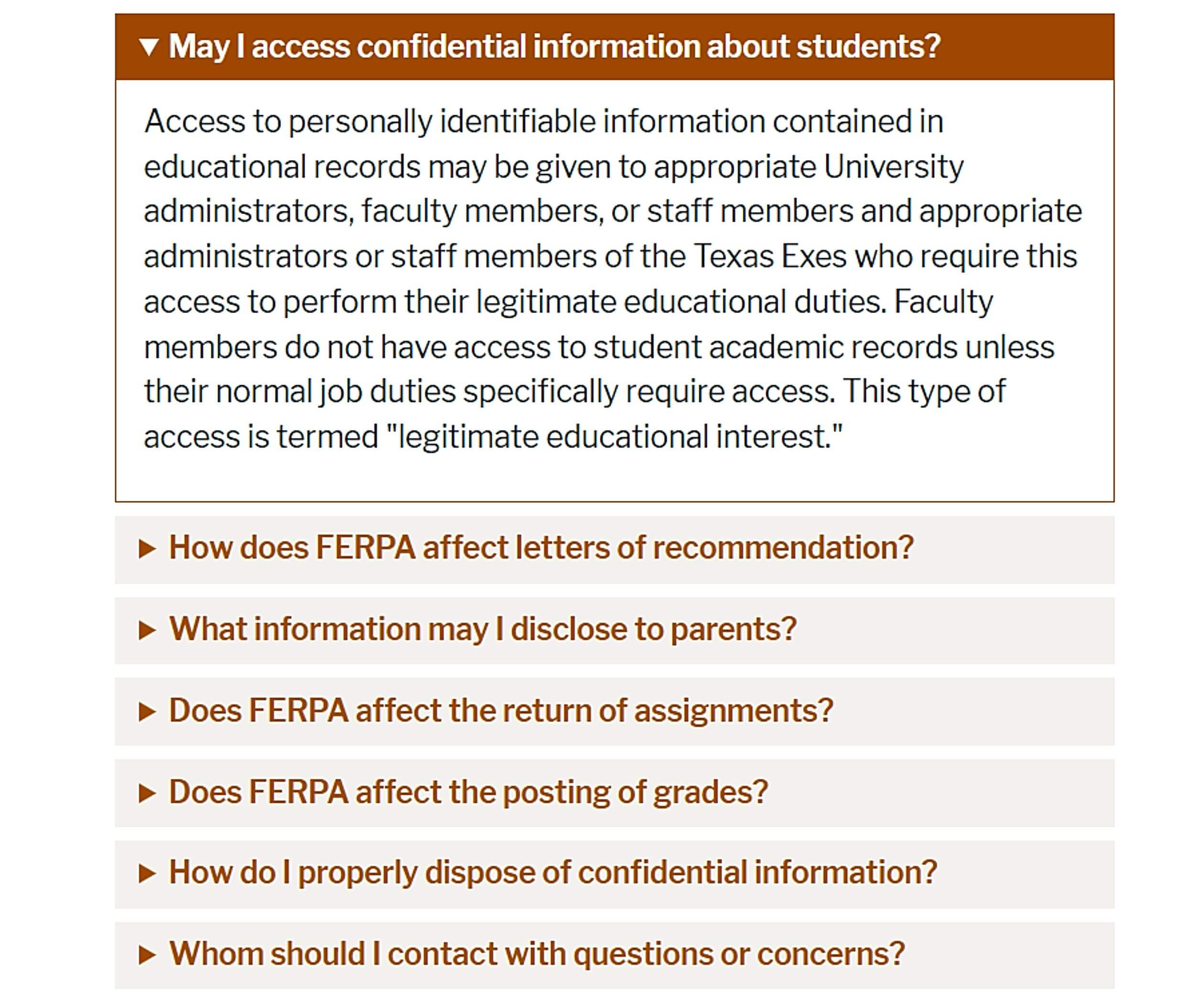 University of Texas at Austin FERPA FAQ explaining faculty access to confidential student records based on job duties.