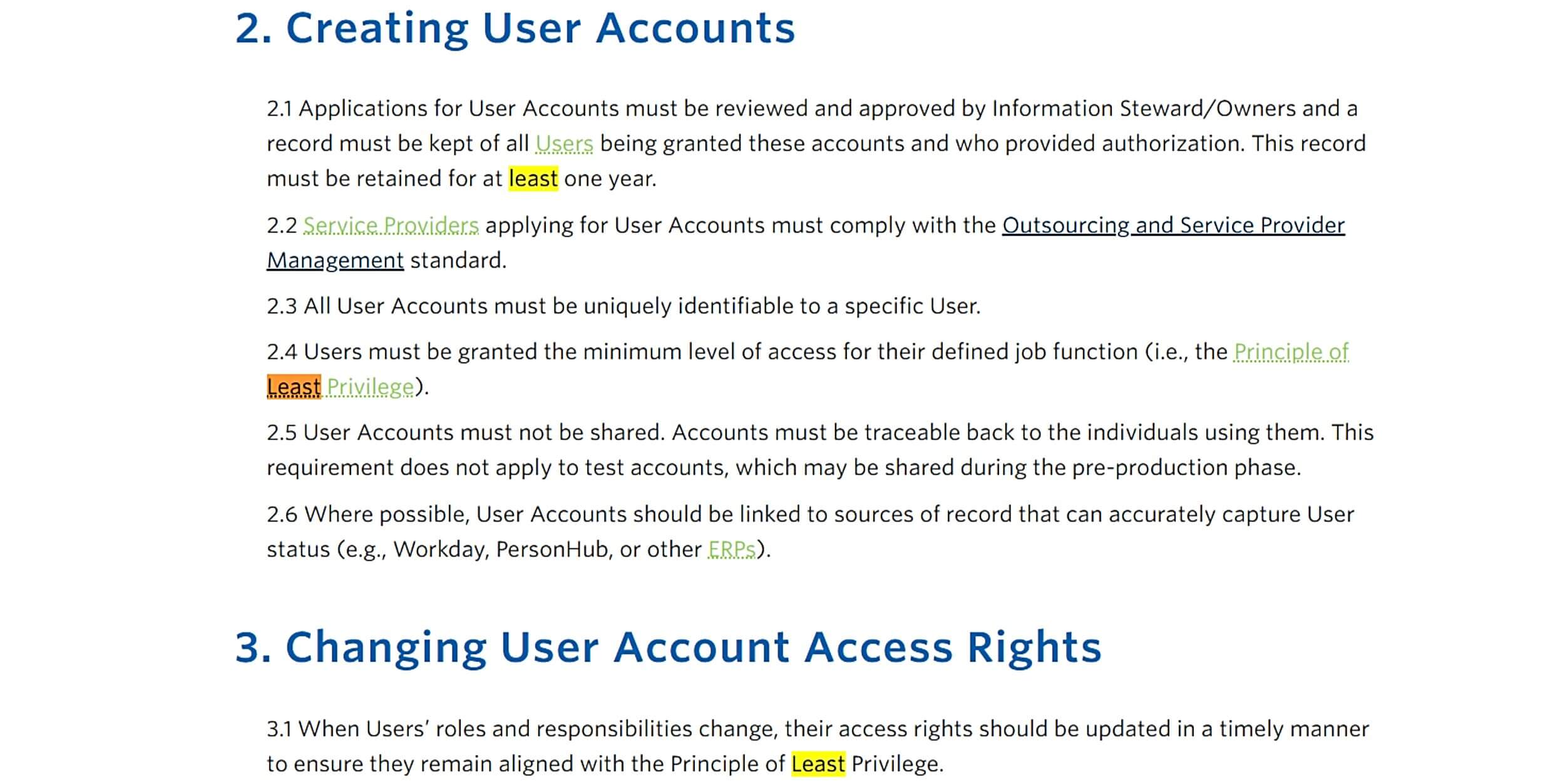 UBC user-account policy requiring minimum access for each job function and updated permissions when responsibilities change.