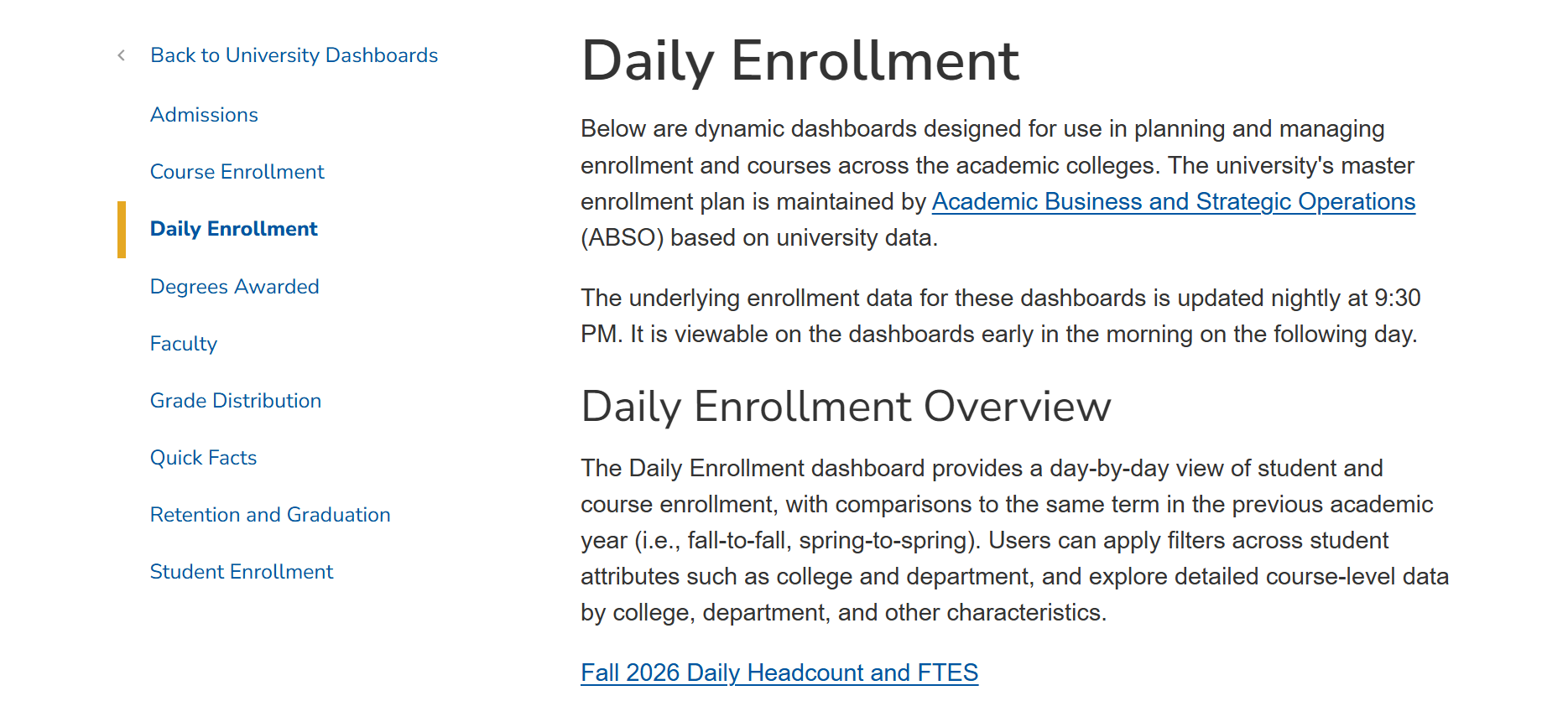 San José State University daily enrollment dashboard