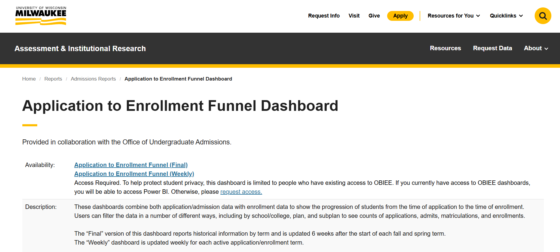 University of Wisconsin–Milwaukee application-to-enrollment funnel dashboard