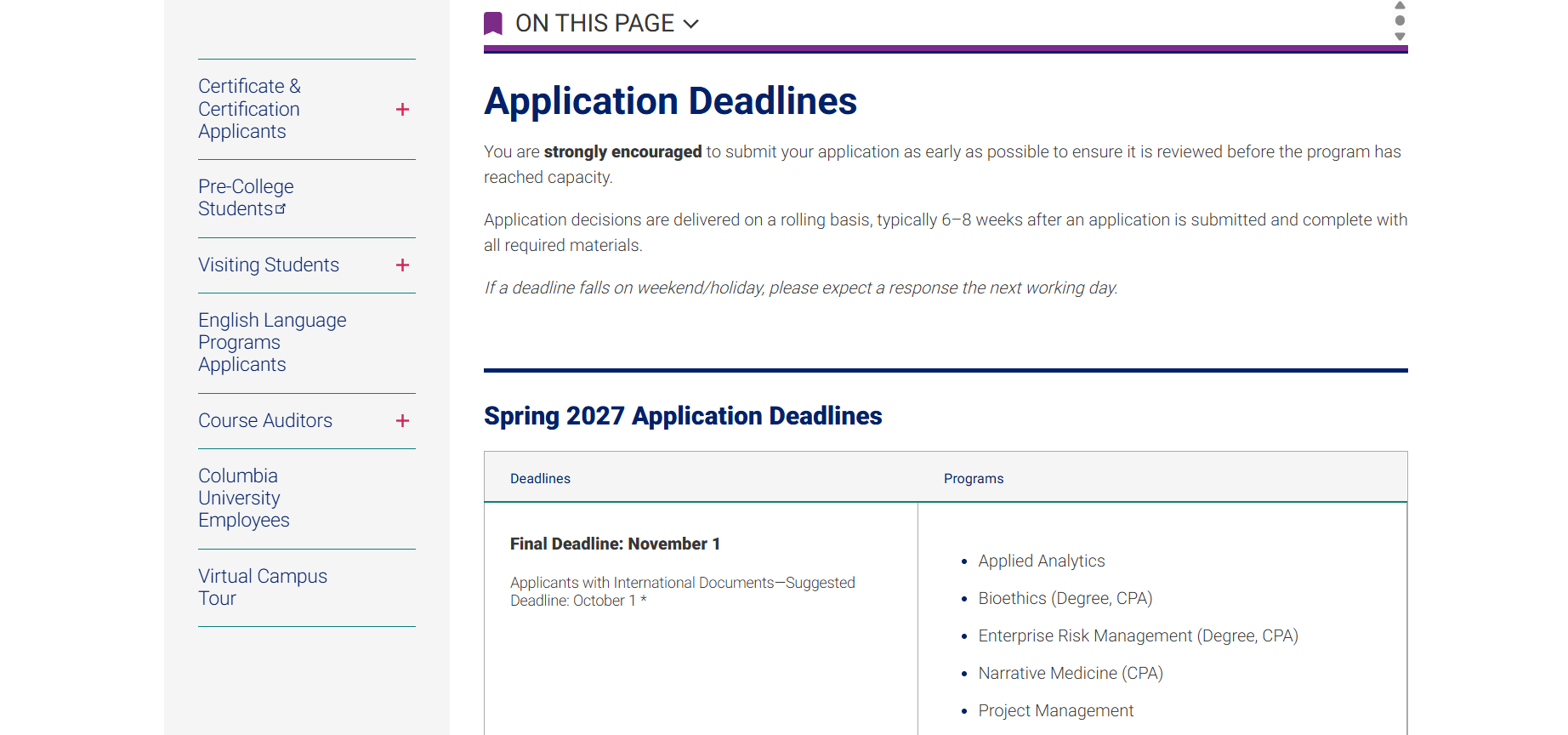 Columbia University School of Professional Studies application deadlines