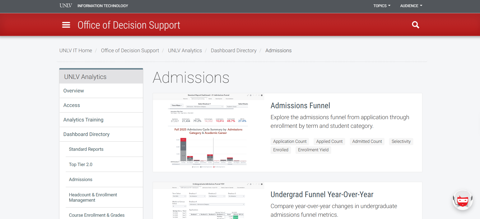 UNLV admissions funnel and enrollment yield dashboards