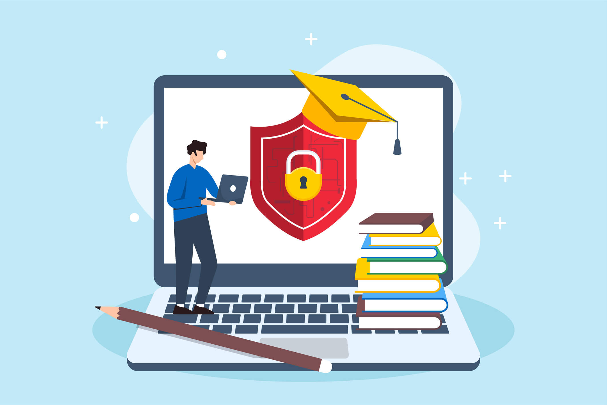 Illustration of a laptop, shield, and padlock representing student data security and role-based access control.