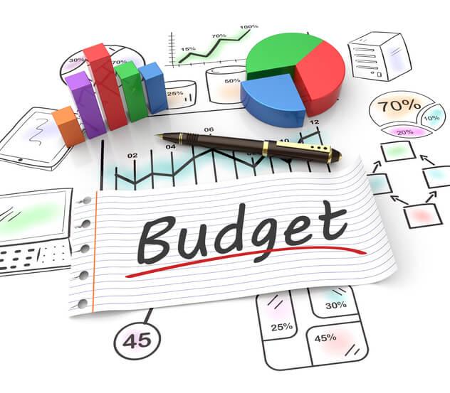 Advertising budget planning with charts and a budget notebook