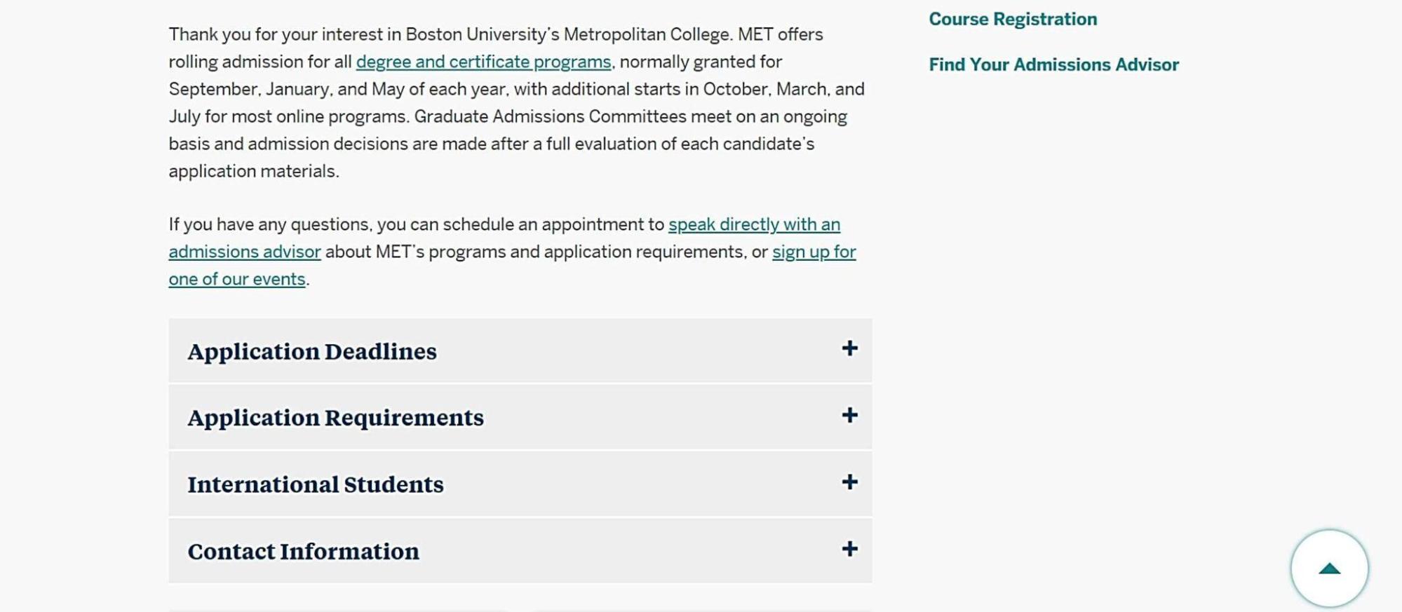 Boston University Metropolitan College application deadlines and requirements