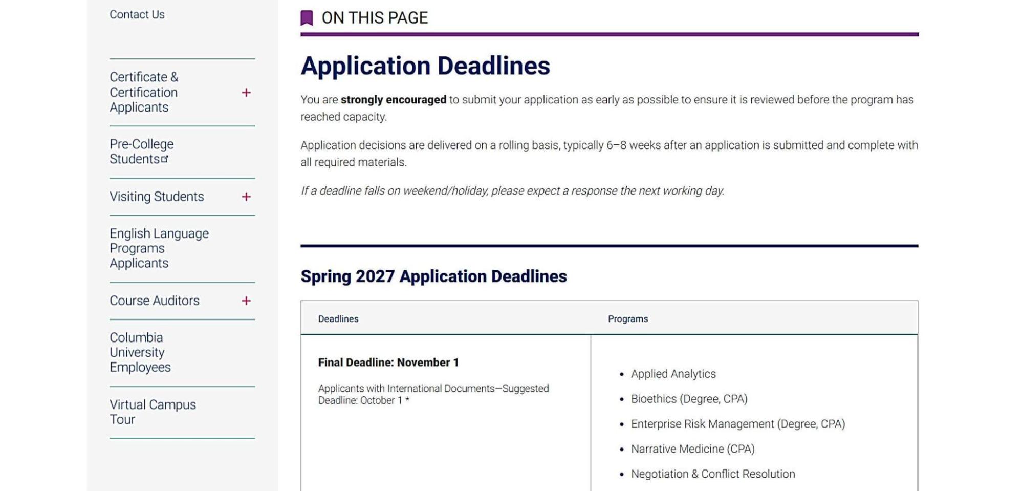 Columbia School of Professional Studies application deadlines by program
