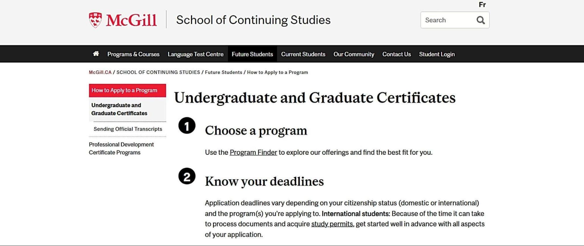 McGill School of Continuing Studies undergraduate and graduate certificate admissions