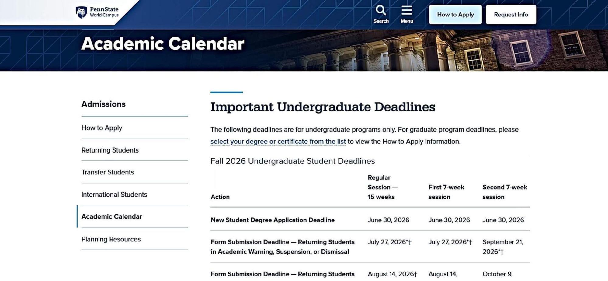 Penn State World Campus academic calendar and undergraduate deadlines