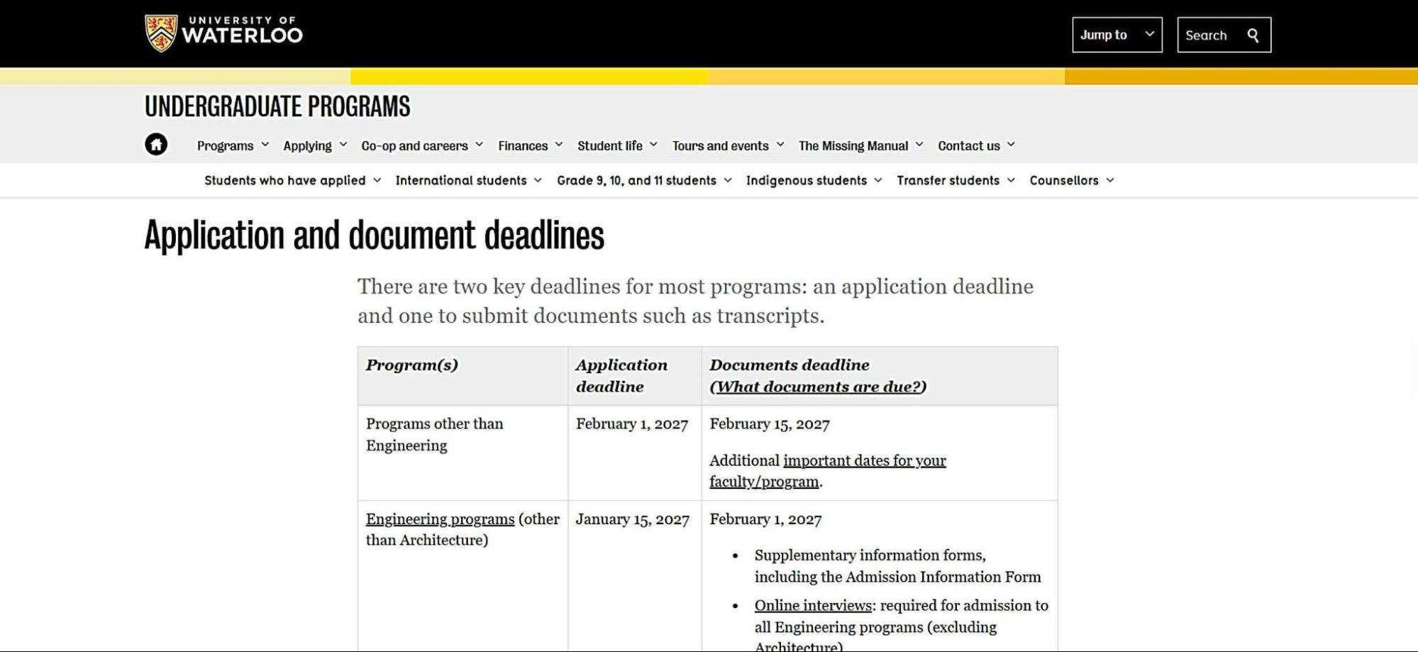 University of Waterloo application and document deadlines